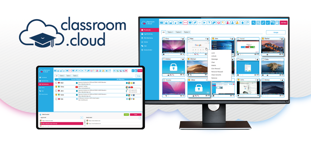 classroom.cloud logo, tablet and desktop screens displaying class details.